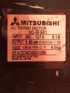 MITSUBISHI AC Servo Motor - HC-SFS81 - 127 V - 5.1 A - 3 AC - Used