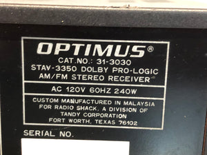 OPTIMUS STAV-3350 Stereo Receiver Professional Series- Unknown Working Condition