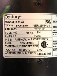 CENTURY Motor 435A - 1/2 HP - 1075 RPM - 460 V - Frame 48 - Thermo Protect - NEW